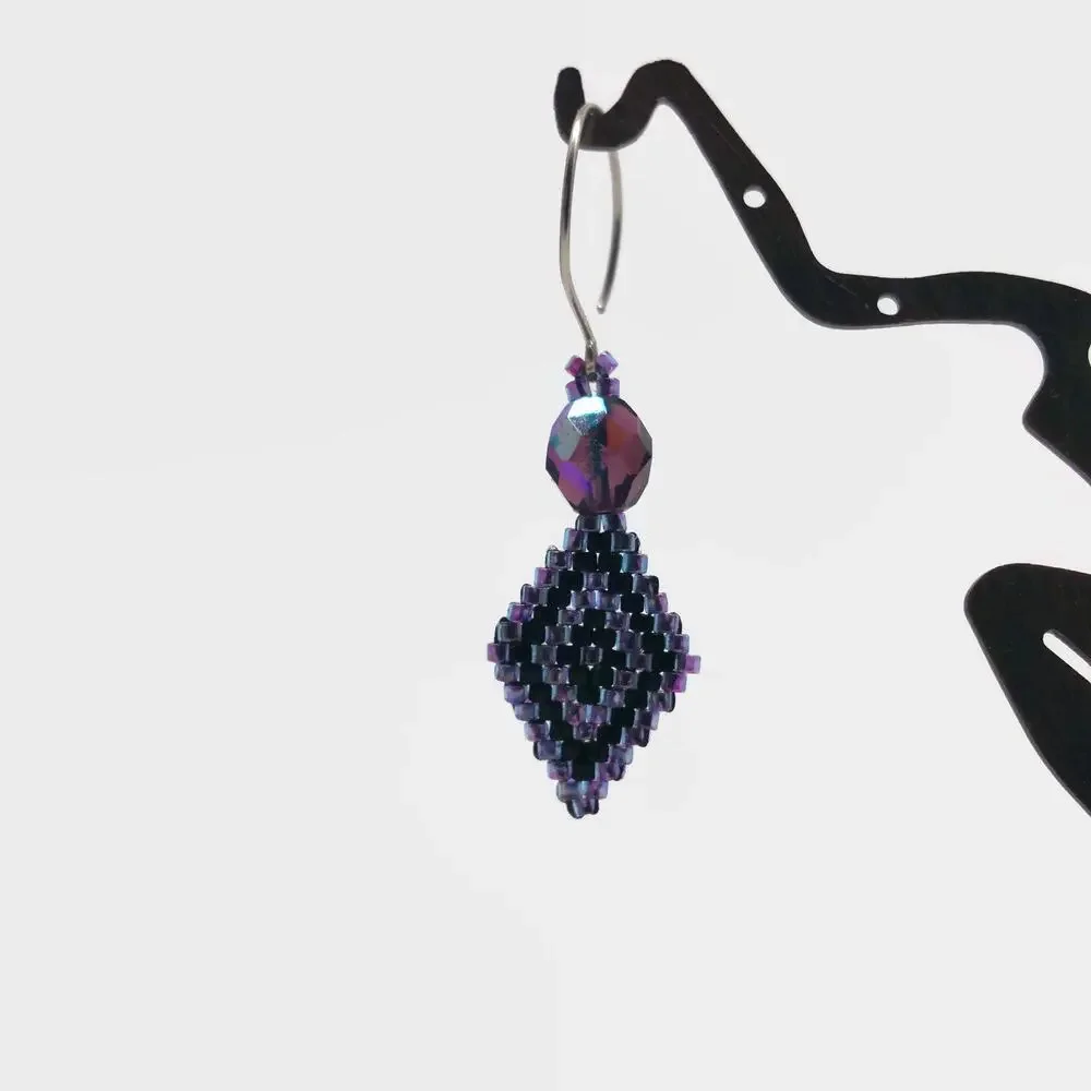 Purple & Black Beadwork Earrings With Hand Wrought Sterling Silver Ear Wires